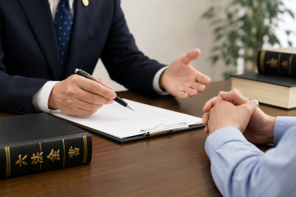 弁護士に相談している男性の手元
