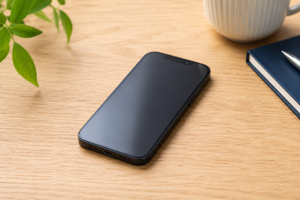 スマートフォンが机の上に置いてある様子