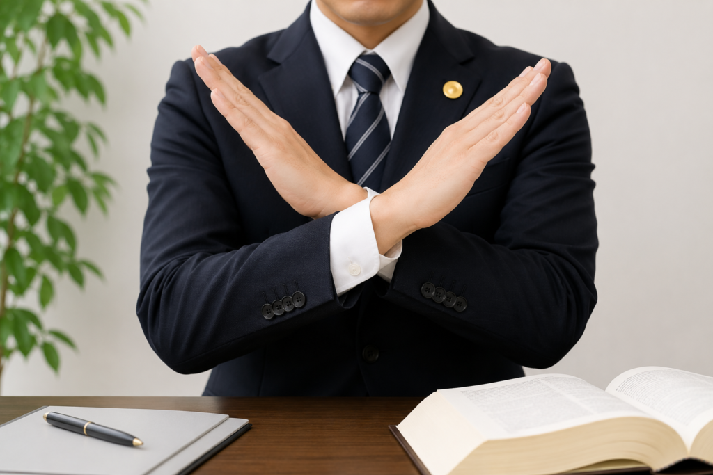 弁護士が胸元でバツサインをしている様子